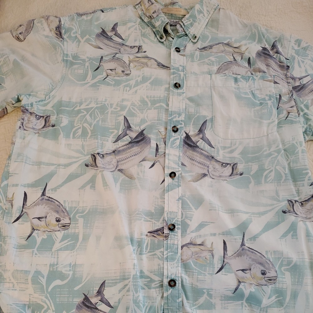 Columbia Shirt River Lodge Green Aqua Mens Large Fishing Short Sleeve Vented - Picture 2 of 13